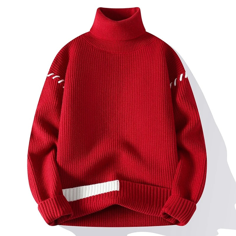 Men's Ribbed-Knit Turtleneck Sweater with Accent Stitching