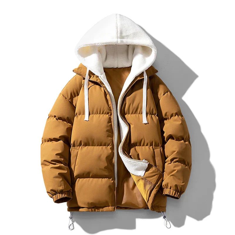 Men's Winter Puffer Hooded Jacket with Double Zipper and Hidden Pockets