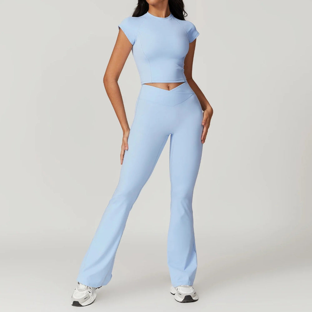 Women's Cutout Crop Top and High-Waisted Flare Pants Activewear Set