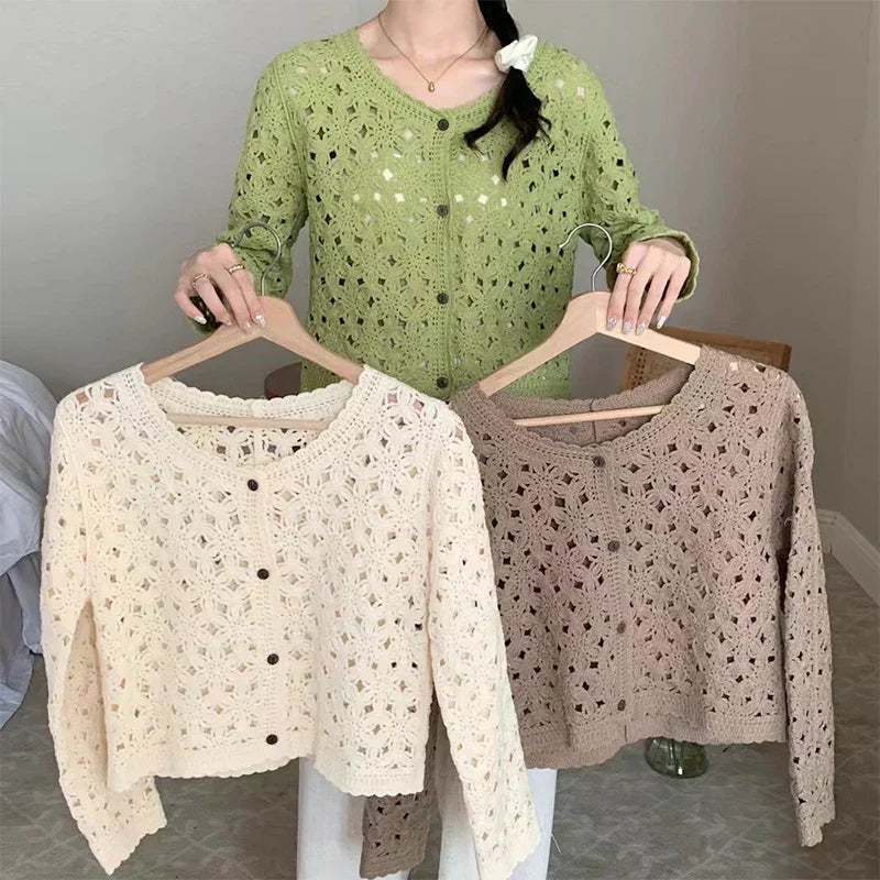 Women Cropped Eyelet Knit Cardigan with Button Front