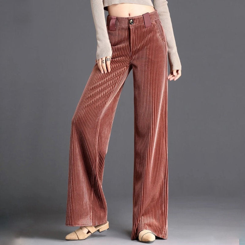 Women's High-Waisted Wide-Leg Corduroy Trousers with Velvet Texture