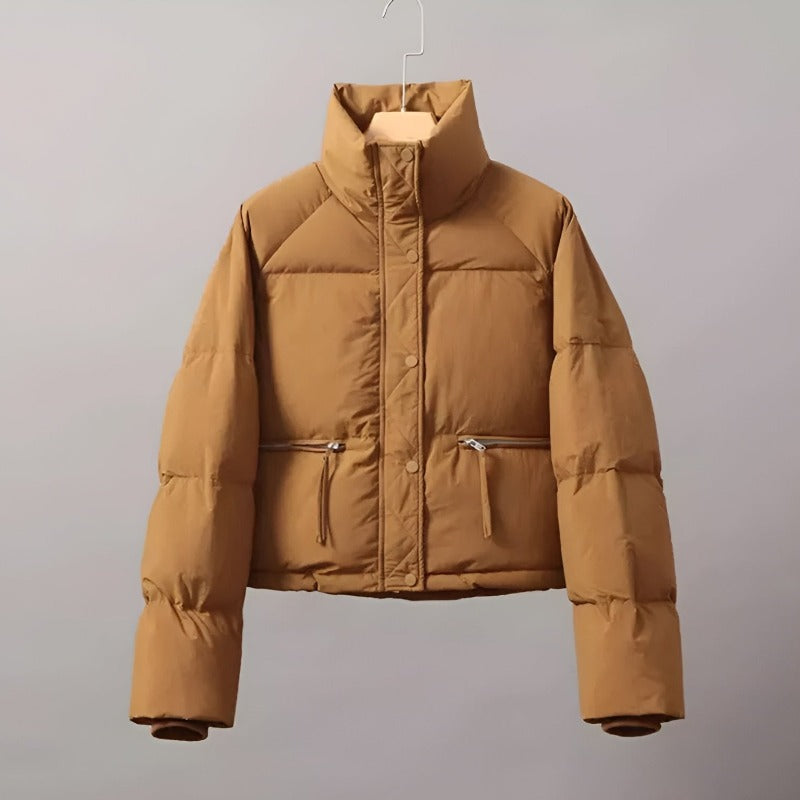 Women's Winter Cropped Puffer Jacket with Zipper Pockets