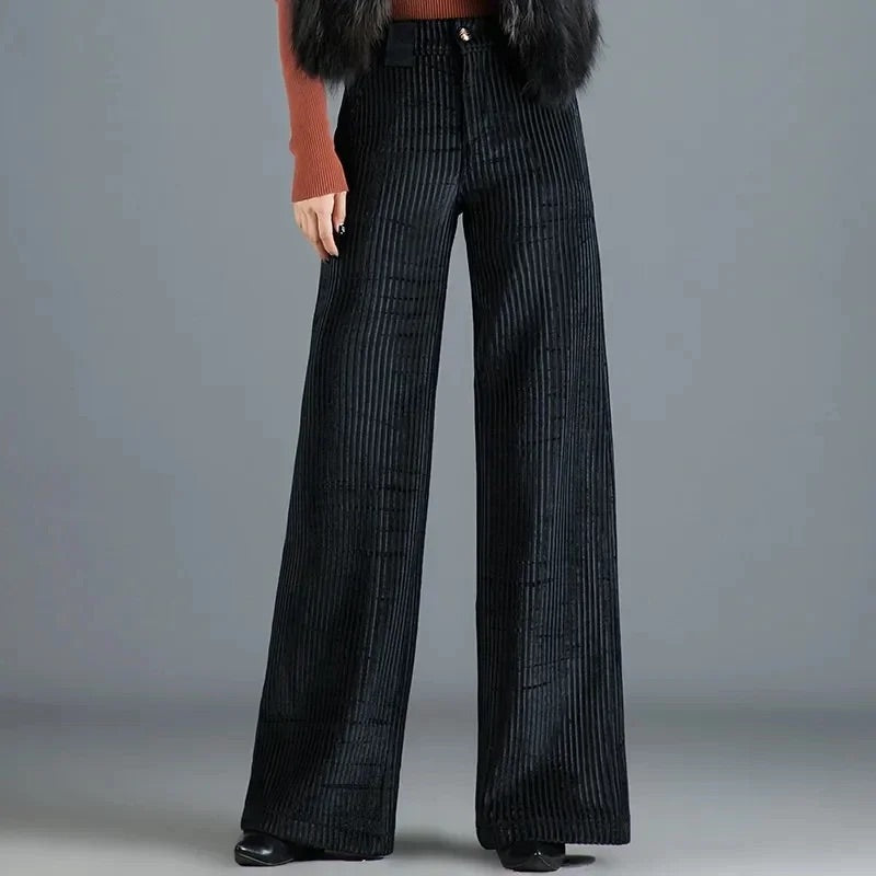 Women's High-Waisted Wide-Leg Corduroy Trousers with Velvet Texture
