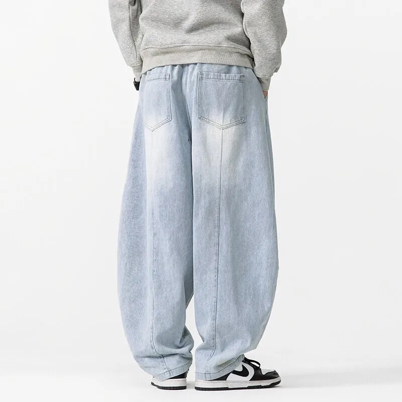 Men Ultra-Baggy Wide-Leg Jeans with Adjustable Drawstring Waist and Acid Wash