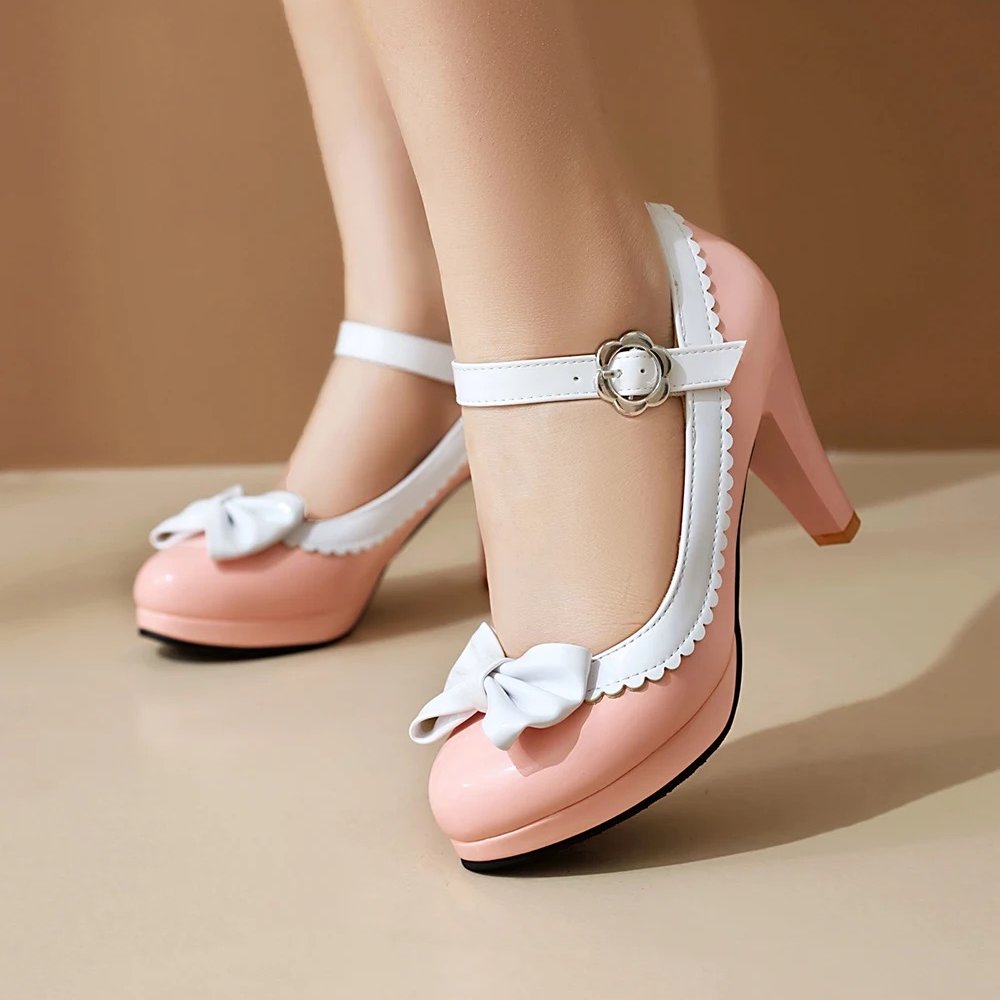 Women Ankle Strap Heels with Bow Accent and Rounded Toe