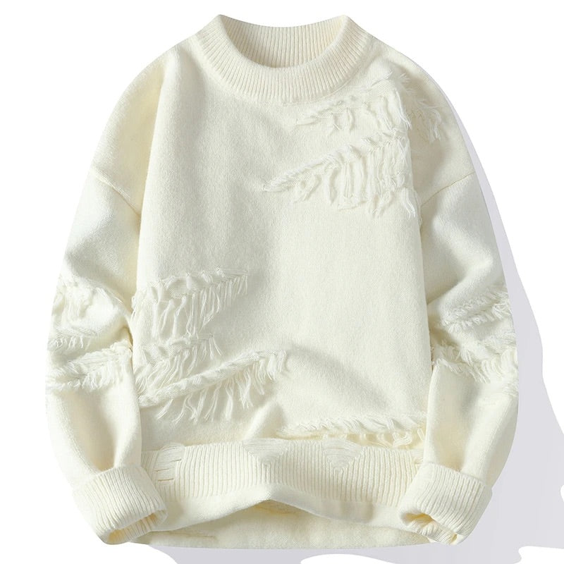 Men Knitted Sweater with Frayed Detailing and Colorblock Pattern