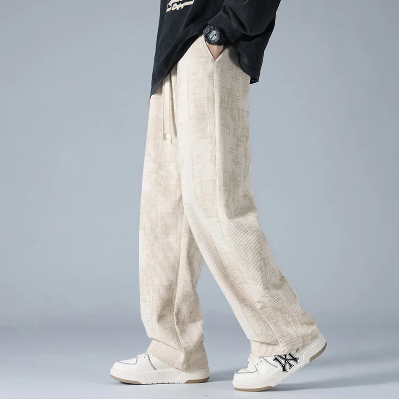 Men Corduroy Pants with Drawstring Waist and Straight Leg