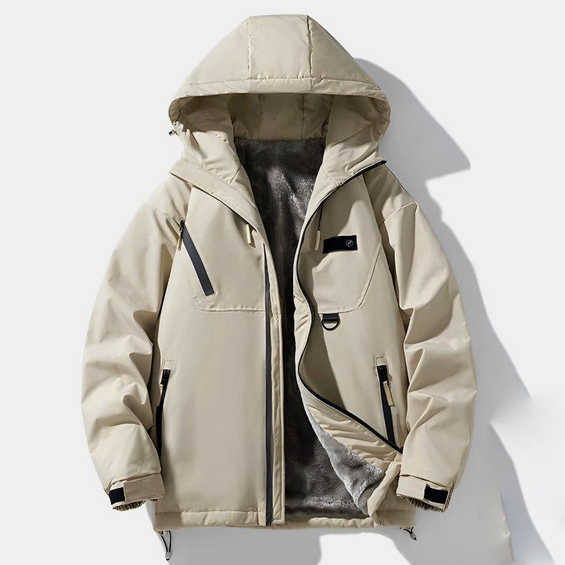 Men's Winter Jacket with Wind-Resistant Fabric, Faux Fur Lining, and Zipper Pockets