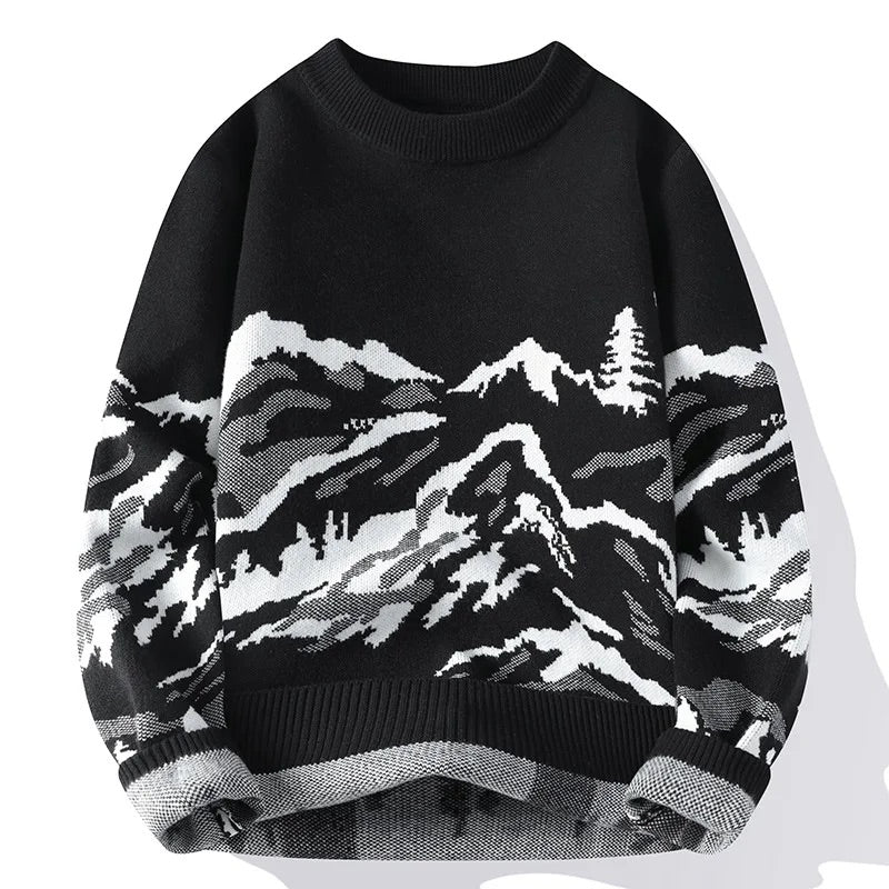 Men Knitted Sweater with Abstract Mountain Landscape Print
