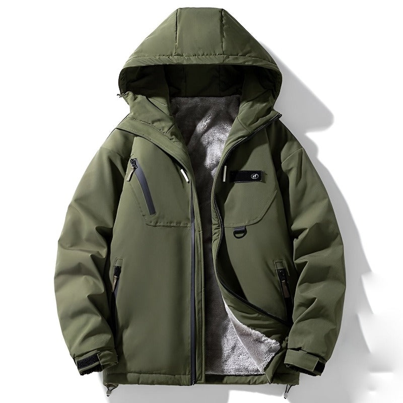 Men's Winter Jacket with Wind-Resistant Fabric, Faux Fur Lining, and Zipper Pockets