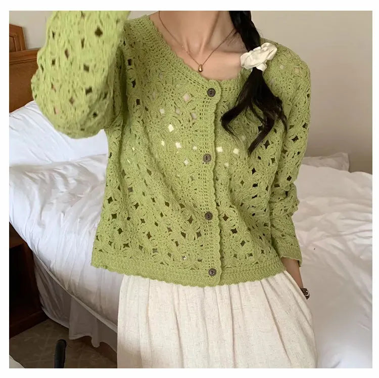Women Cropped Eyelet Knit Cardigan with Button Front