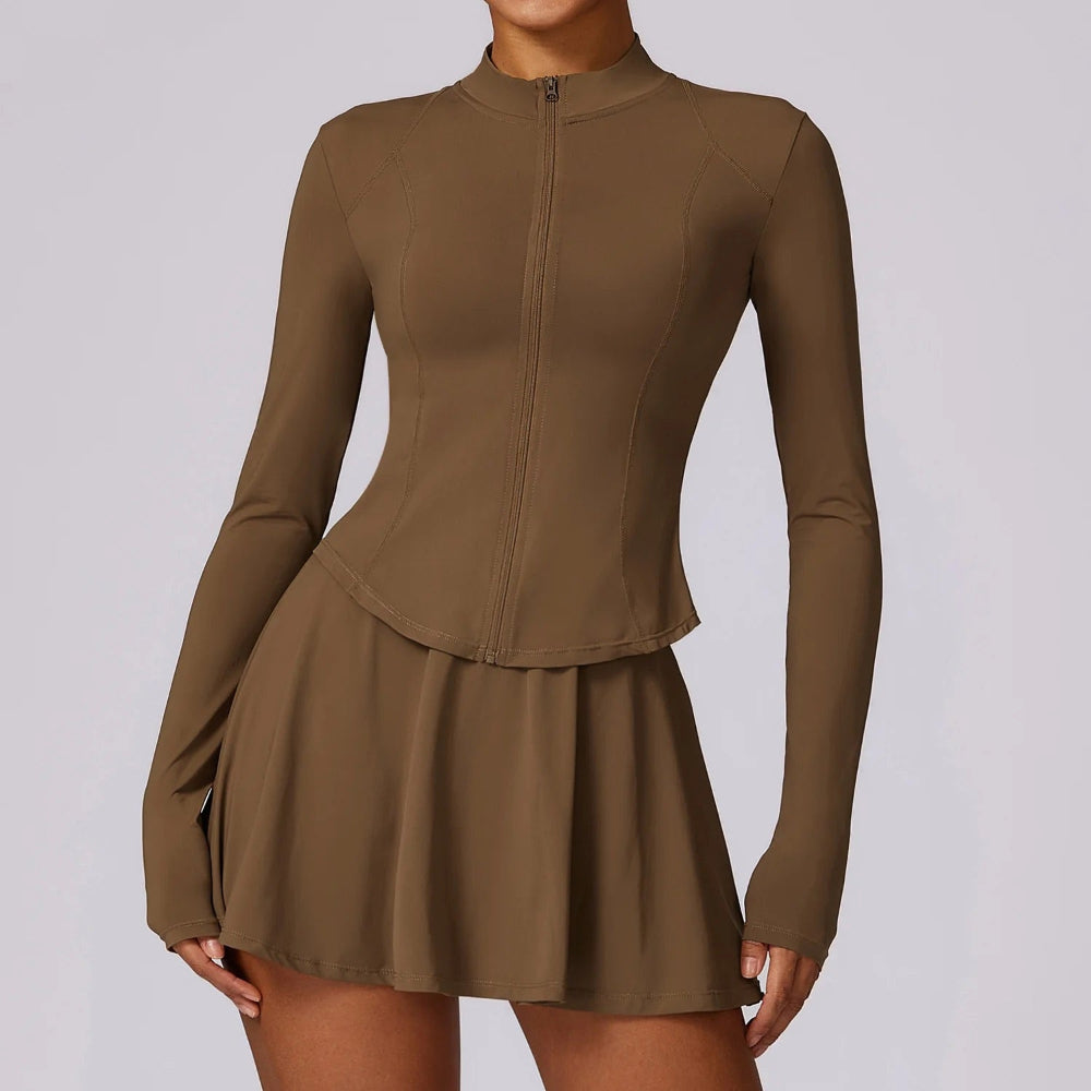 Women's 4-Way Stretch Active Set with Zippered Jacket and Flowy Skirt