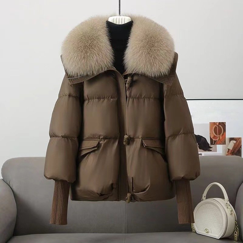 Women's Winter Puffer Jacket with Plush Fur Collar and Cinched Waist