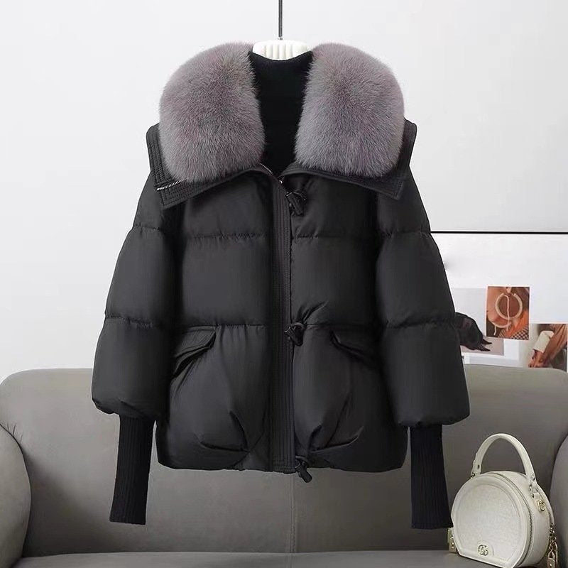 Women's Winter Puffer Jacket with Plush Fur Collar and Cinched Waist