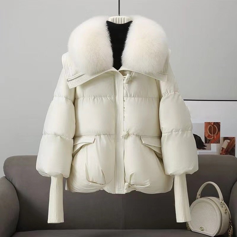 Women's Winter Puffer Jacket with Plush Fur Collar and Cinched Waist