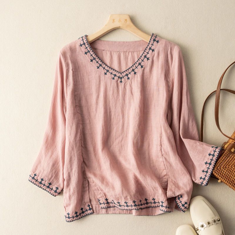 Women's Summer Linen Shirt with Flowy Fit and Stitched Trim