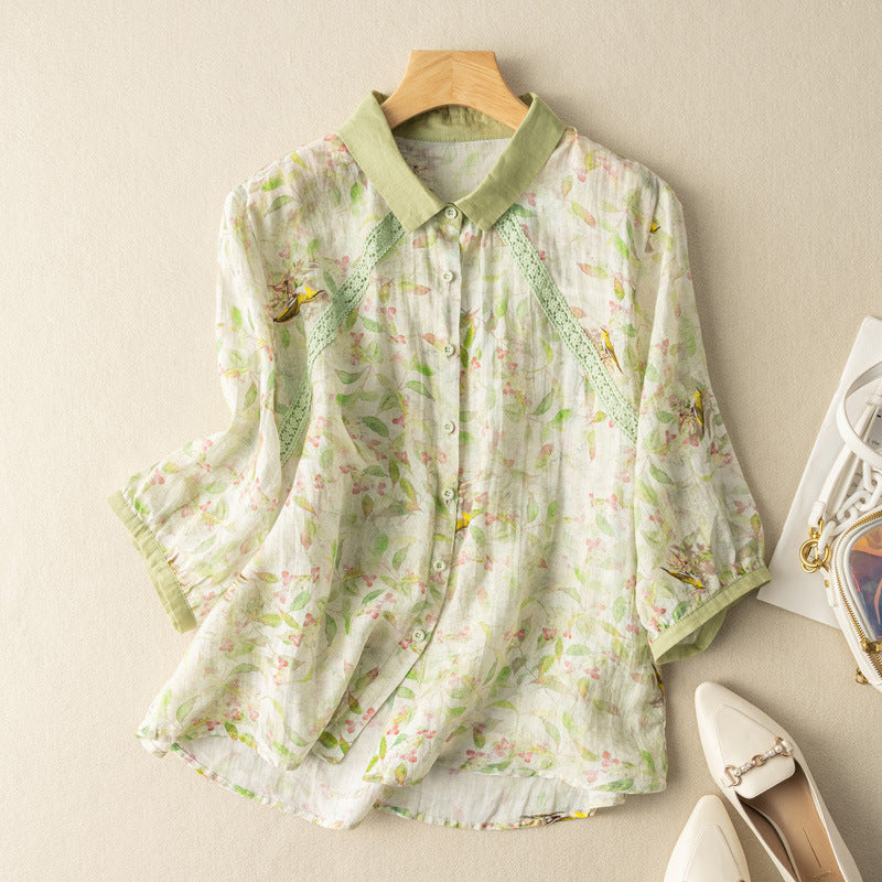 Women's Floral Print Linen Shirt with Three-Quarter Sleeves