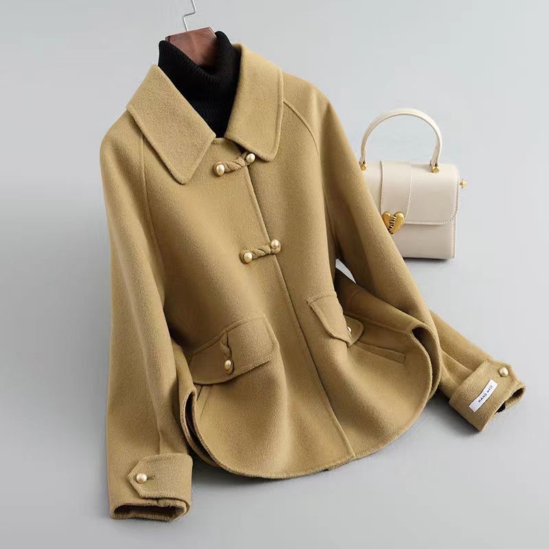 Women's Winter Wool Blend Coat with Pearl Accent Buttons and Laydown Collar