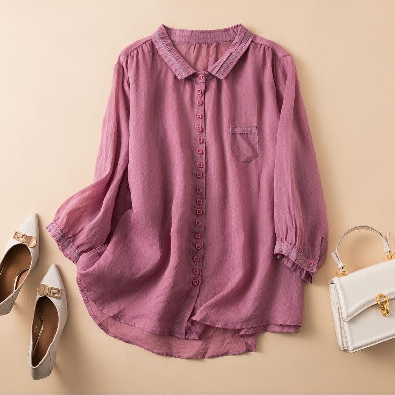 Women's Linen Blouse with Gossamer Weave and Curved Hem