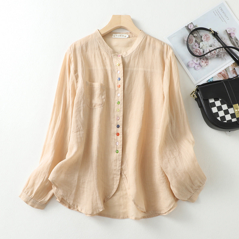 Women's Linen Shirt with Gossamer Weave and Rainbow Buttons