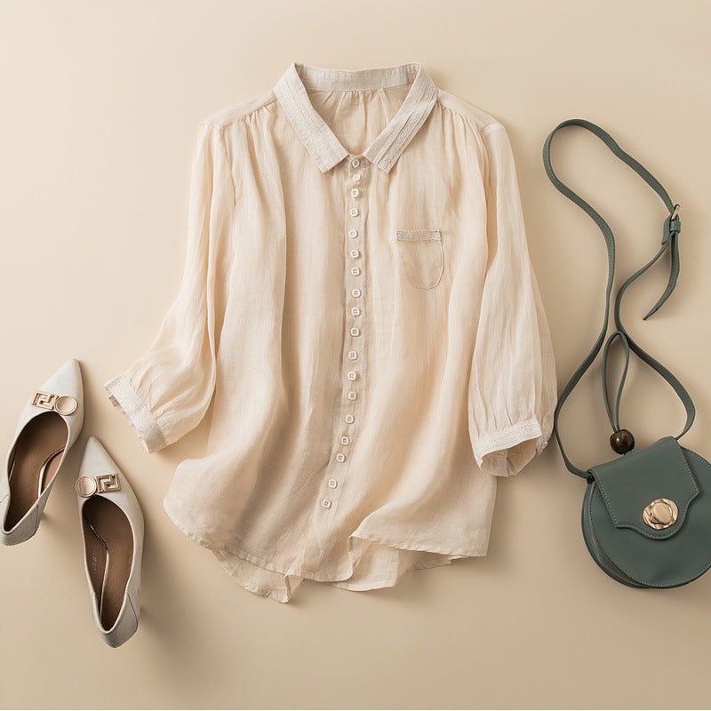 Women's Linen Blouse with Gossamer Weave and Curved Hem
