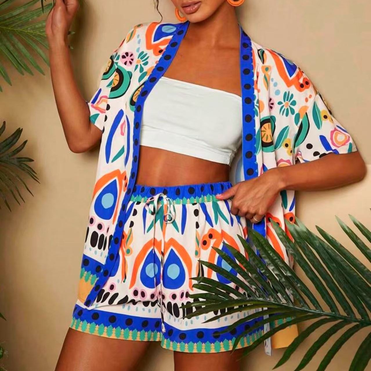 Women's Summer Two-Piece Set with Open-Front Shirt and Drawstring Shorts