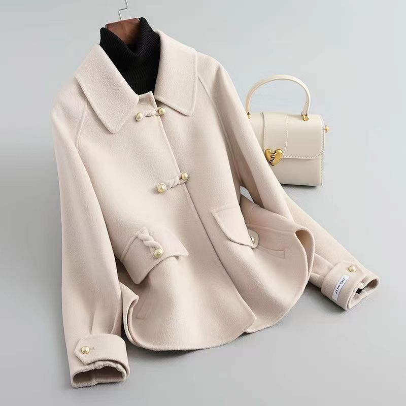 Women's Winter Wool Blend Coat with Pearl Accent Buttons and Laydown Collar
