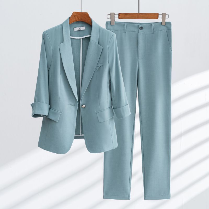 Women Tailored Blazer and Trousers Two-Piece Set in Polished Cotton Blend
