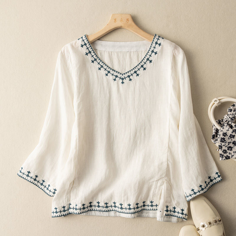 Women's Summer Linen Shirt with Flowy Fit and Stitched Trim