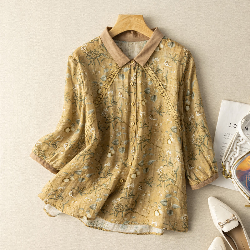 Women's Floral Print Linen Shirt with Three-Quarter Sleeves