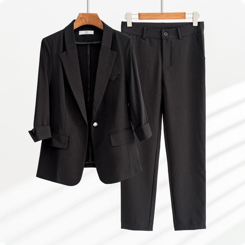 Women Tailored Blazer and Trousers Two-Piece Set in Polished Cotton Blend