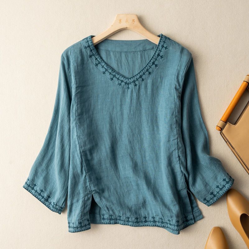 Women's Summer Linen Shirt with Flowy Fit and Stitched Trim