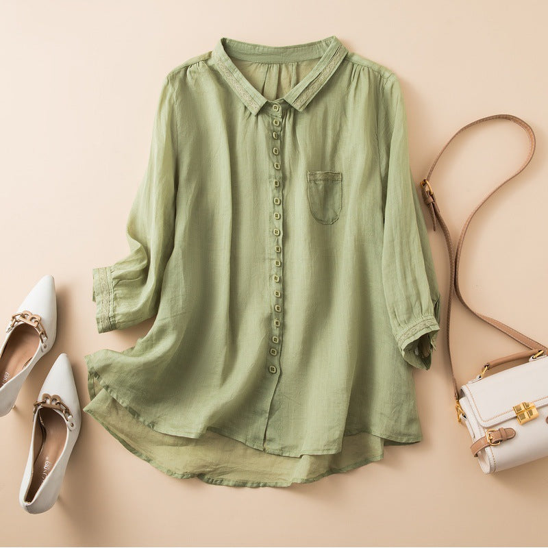 Women's Linen Blouse with Gossamer Weave and Curved Hem