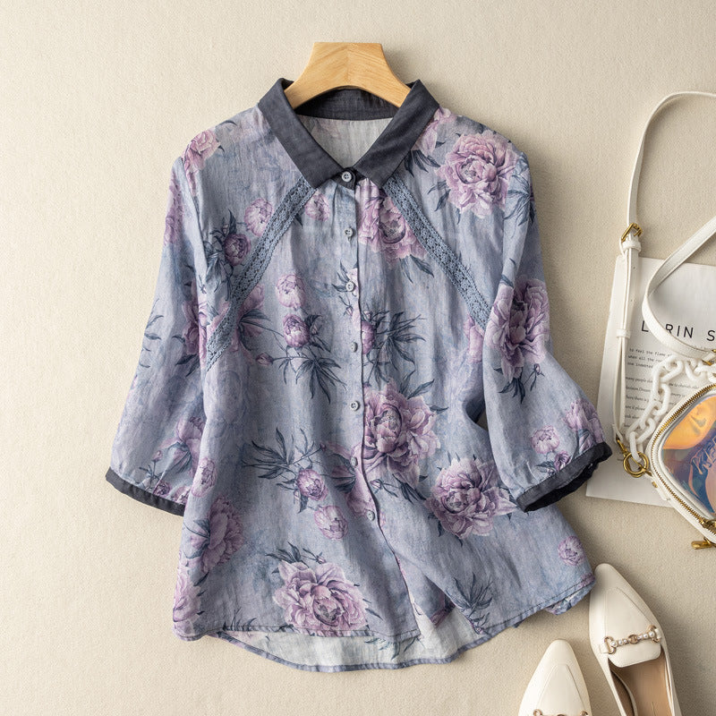 Women's Floral Print Linen Shirt with Three-Quarter Sleeves