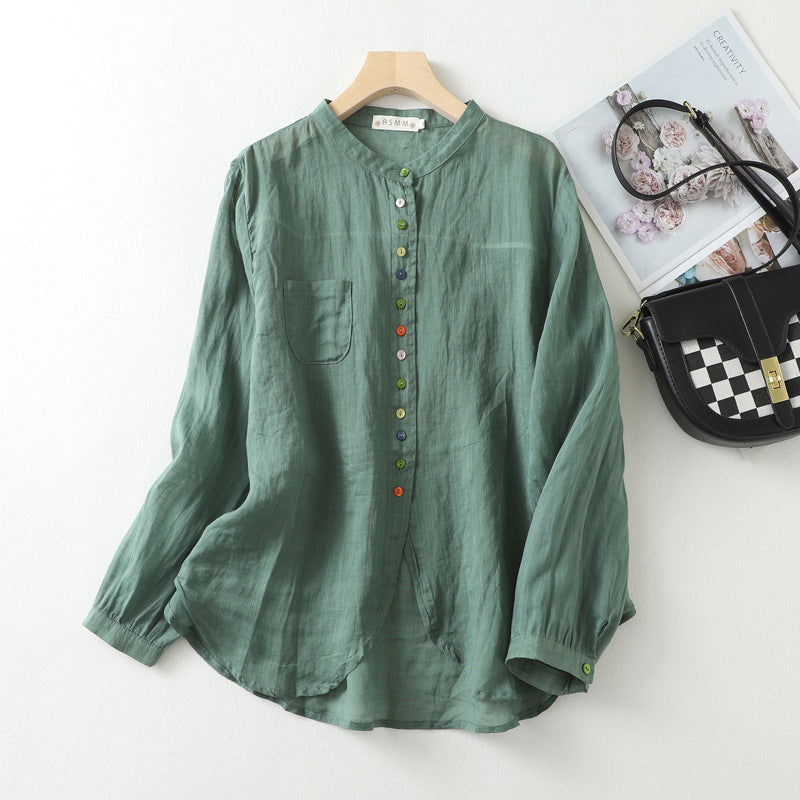 Women's Linen Shirt with Gossamer Weave and Rainbow Buttons