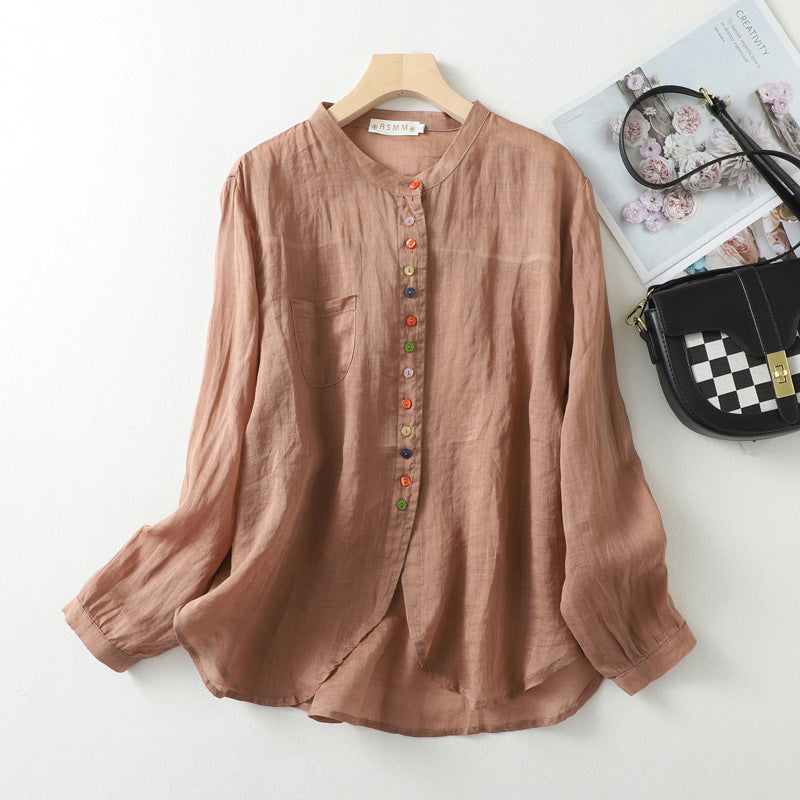 Women's Linen Shirt with Gossamer Weave and Rainbow Buttons