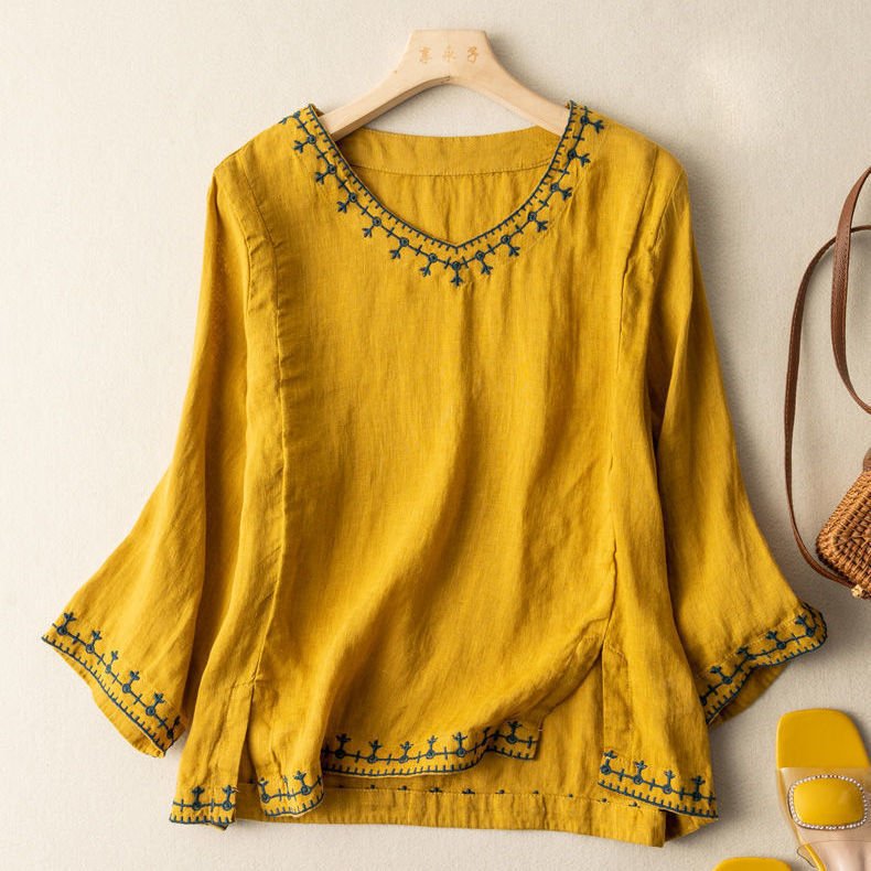 Women's Summer Linen Shirt with Flowy Fit and Stitched Trim