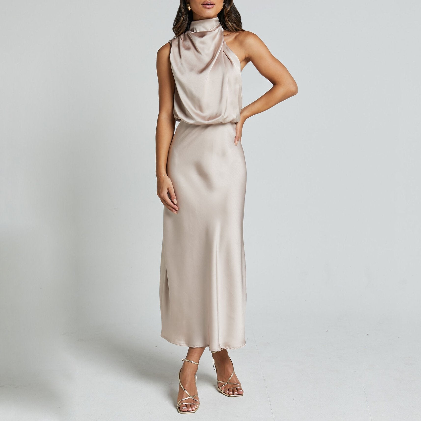 Women Satin Halter Neck Ankle-Length Dress