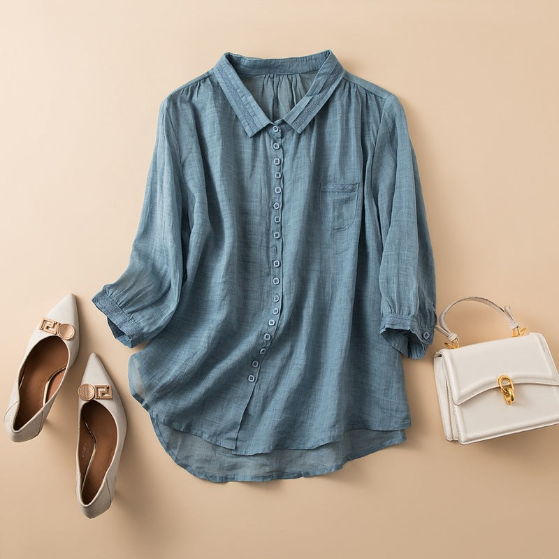 Women's Linen Blouse with Gossamer Weave and Curved Hem