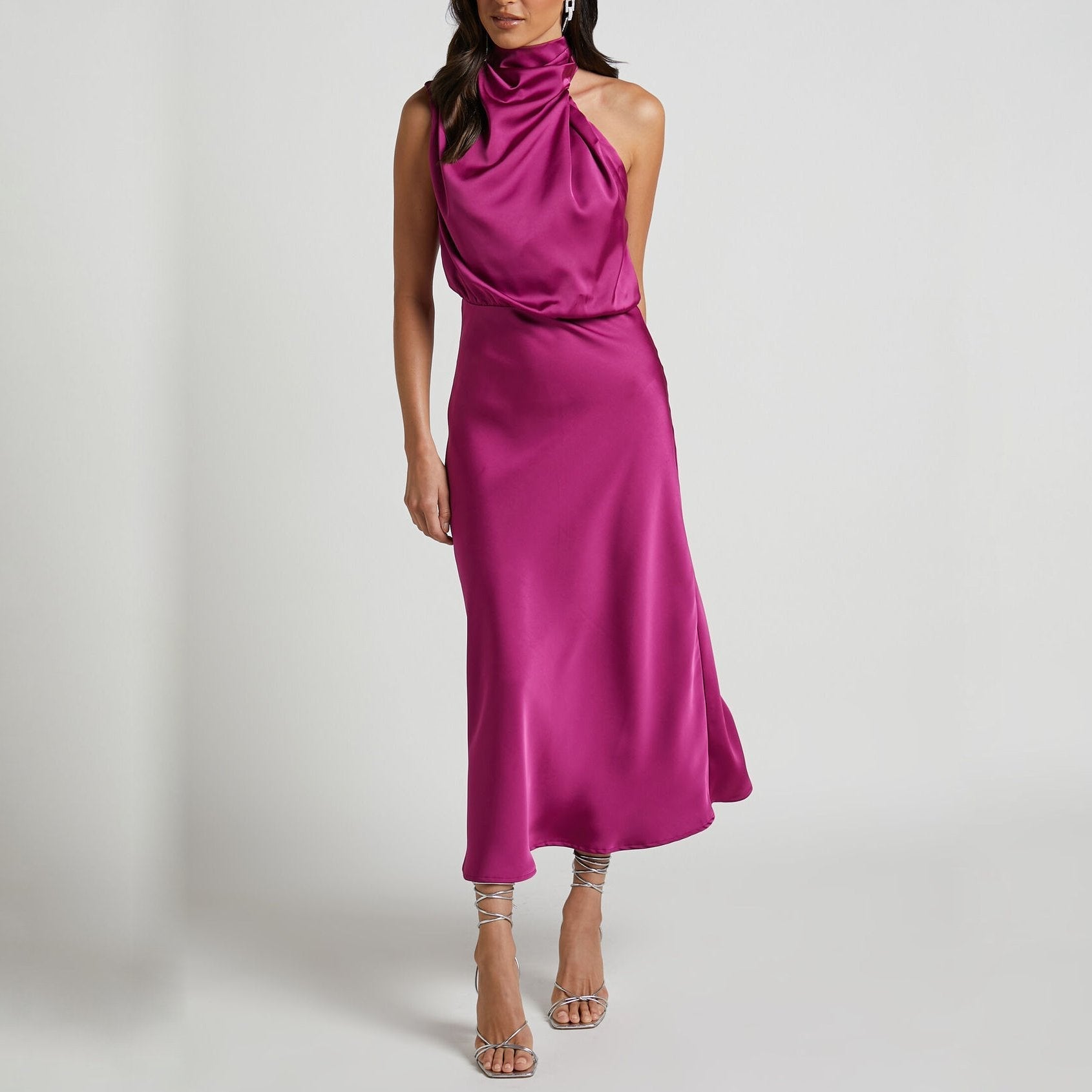 Women Satin Halter Neck Ankle-Length Dress