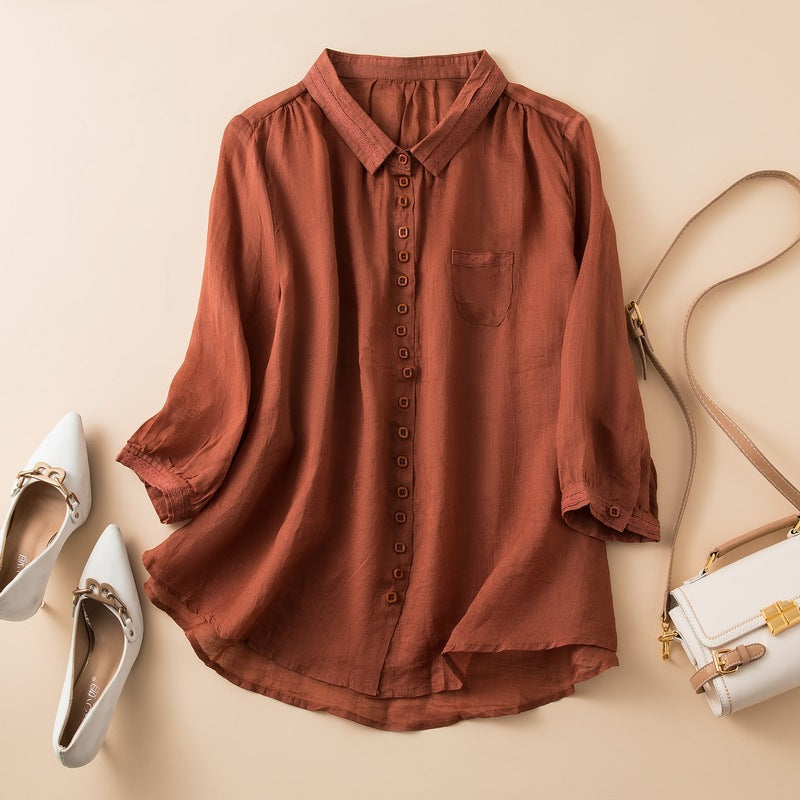 Women's Linen Blouse with Gossamer Weave and Curved Hem