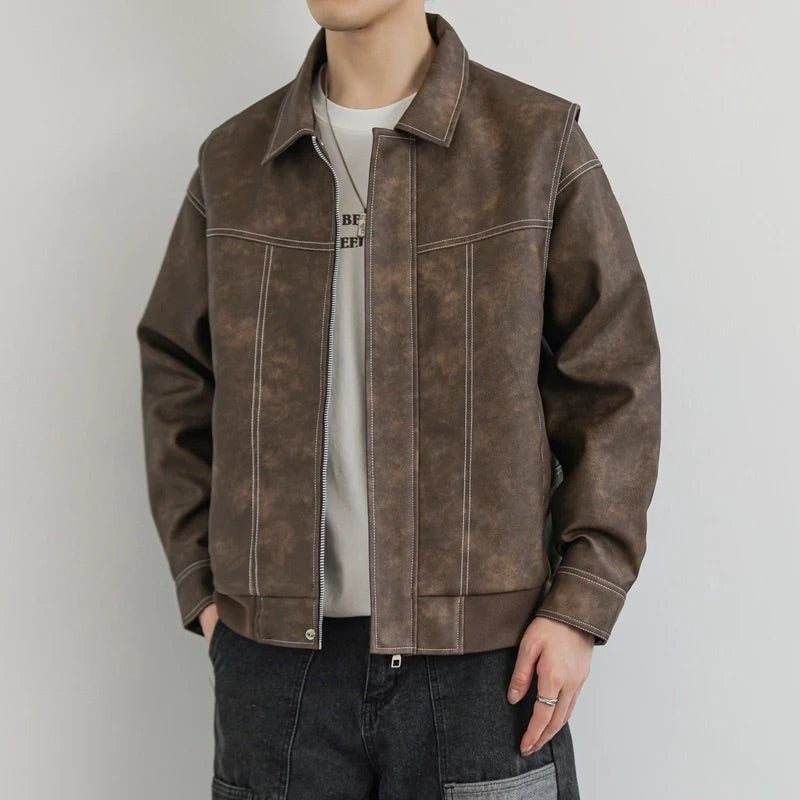 Men's Winter Aviator Jacket in Italian Vegan Leather with Turn-Down Collar