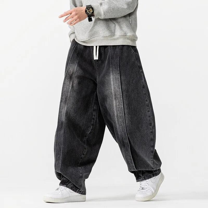 Men Ultra-Baggy Wide-Leg Jeans with Adjustable Drawstring Waist and Acid Wash