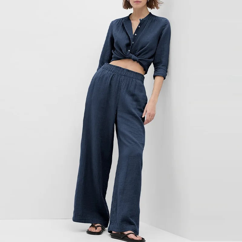 Women's Long Sleeve Shirt and Wide-Leg Pants Lounge Set