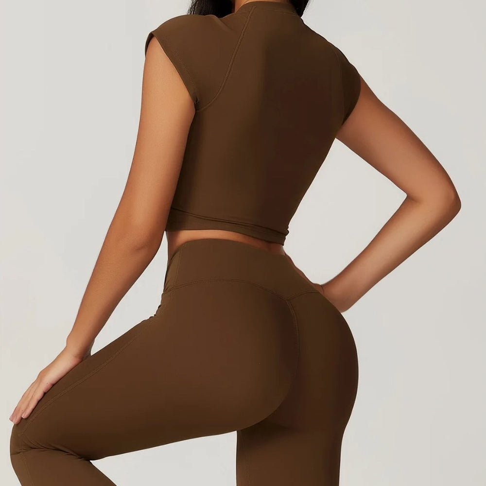 Women's Cutout Crop Top and High-Waisted Flare Pants Activewear Set