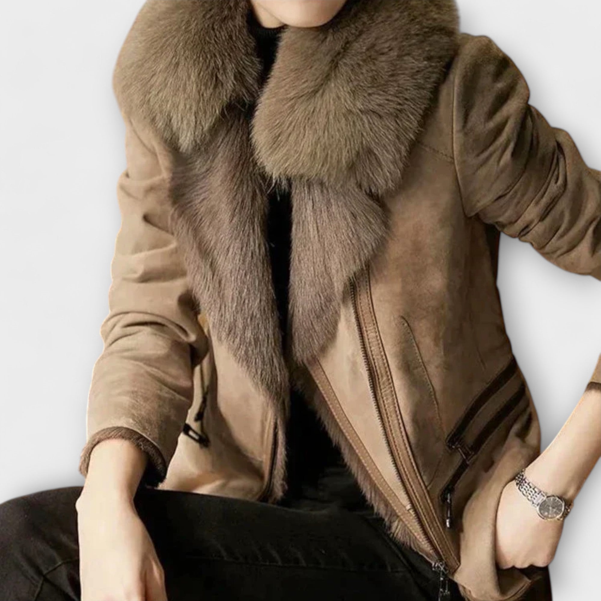 Leonora™ Elegant Suede Jacket with Cozy Faux Fur Collar