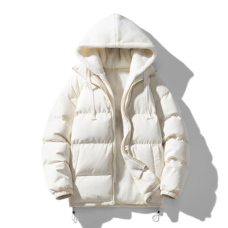 Men's Winter Puffer Hooded Jacket with Double Zipper and Hidden Pockets