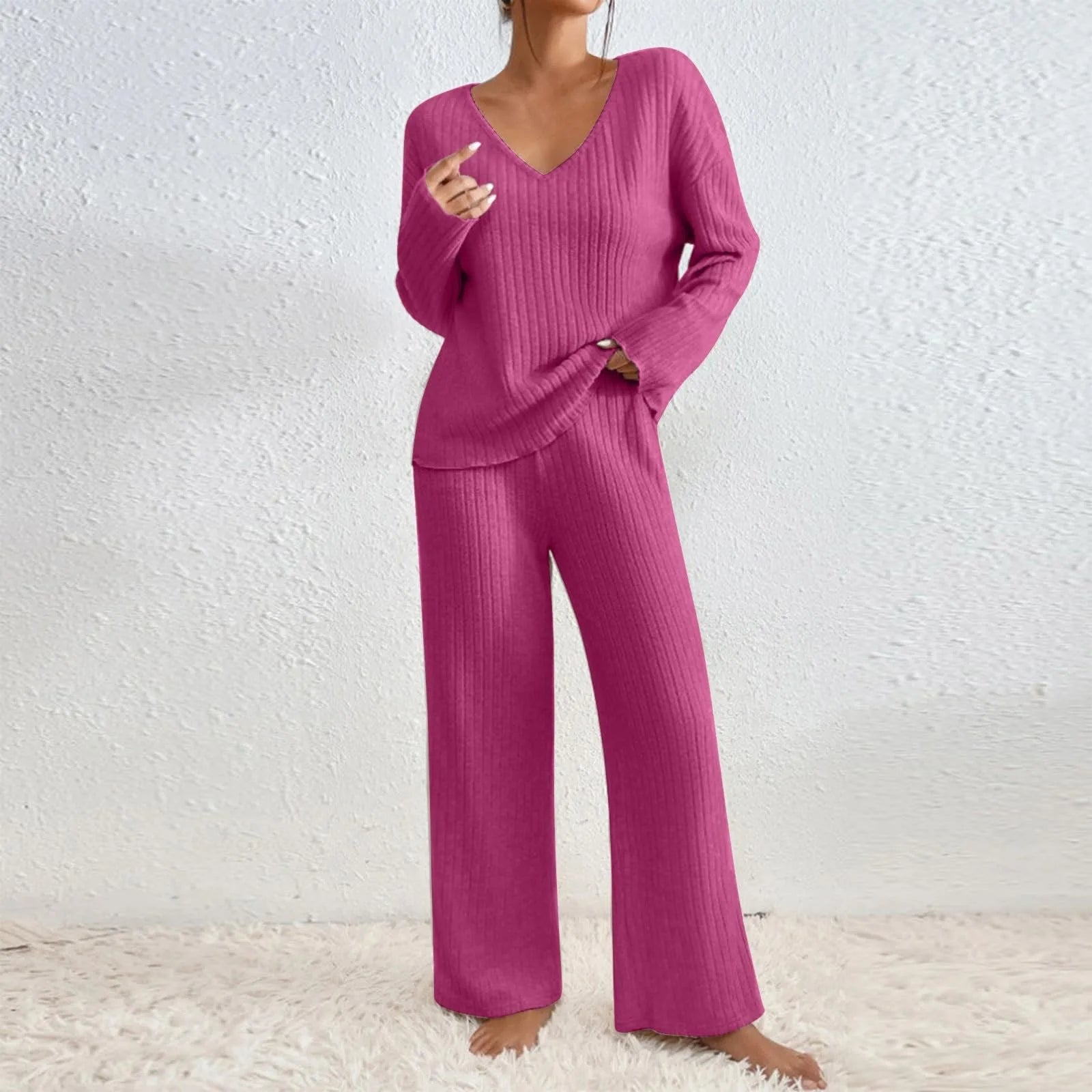 Women's Ribbed V-Neck Sweater and Pants Lounge Set