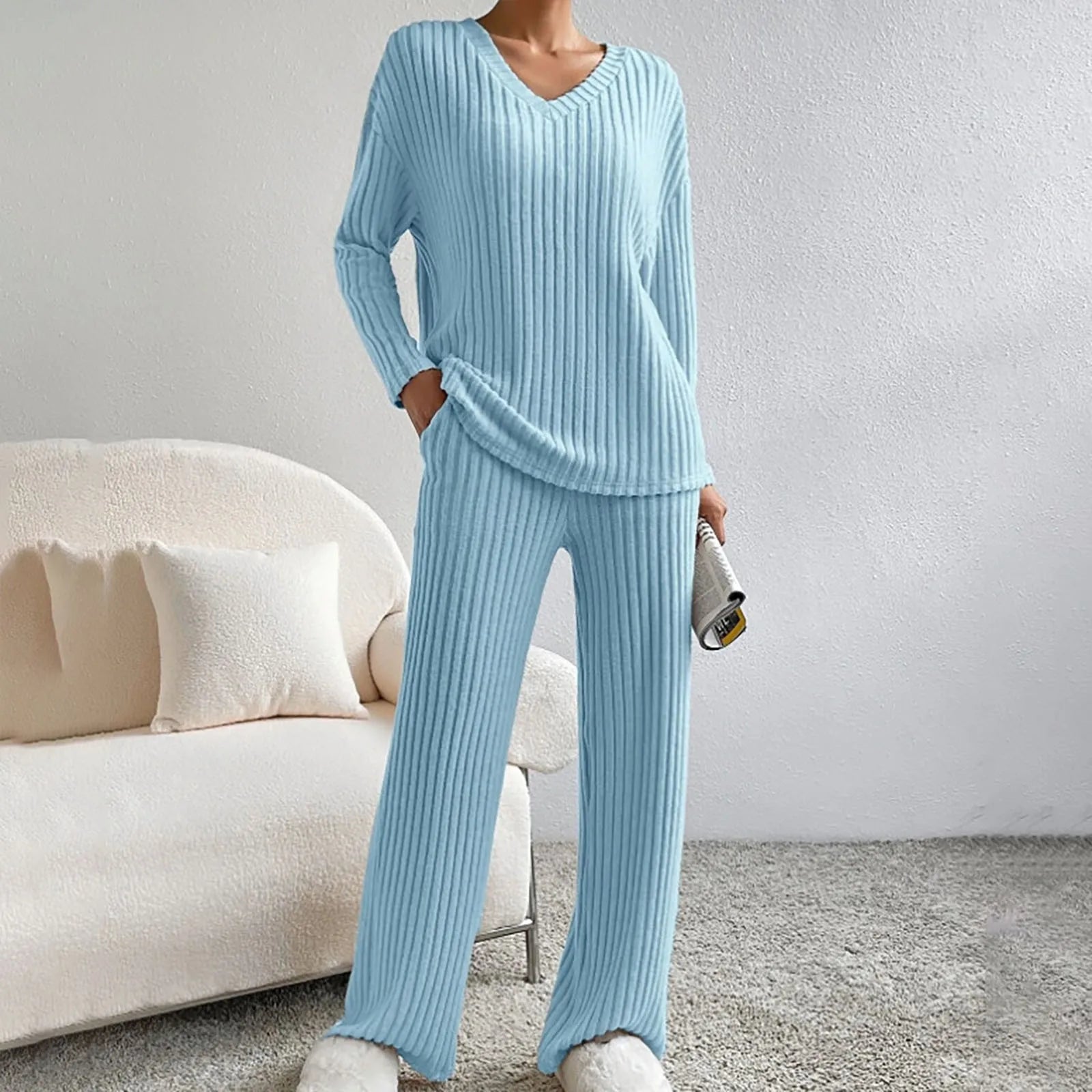 Women's Ribbed V-Neck Sweater and Pants Lounge Set