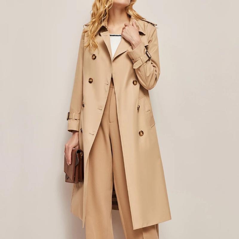 Women's Fall Trench Coat with Adjustable Belt and Walnut Buttons